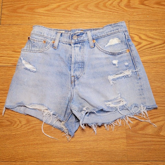 Levi's Light Blue Distressed Jean Shorts - Picture 1 of 12